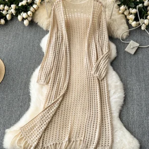 Summer Beach Boho Cardigans Women Crochet Hollow Out Long Sleeve Femalle Knitted Cardigan Tassle Patchwork Long Coat Dropship