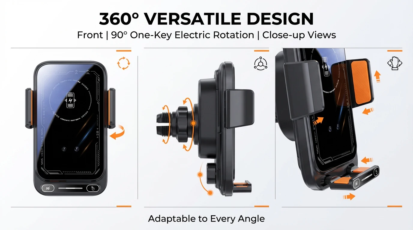 Car Phone Charger Phone Holder 15W Wireless & Wired Charger Auto Sensing One-Touch Release and Rotation Qi FCC ROHS Certified - Image 9