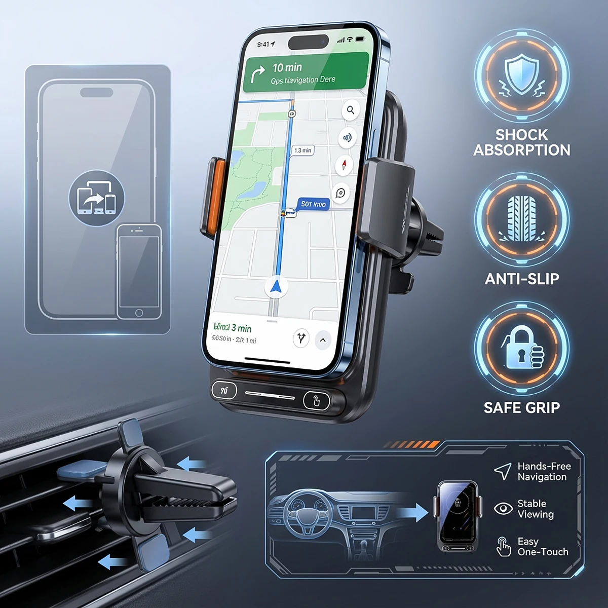 Car Phone Charger Phone Holder 15W Wireless & Wired Charger Auto Sensing One-Touch Release and Rotation Qi FCC ROHS Certified - Image 5